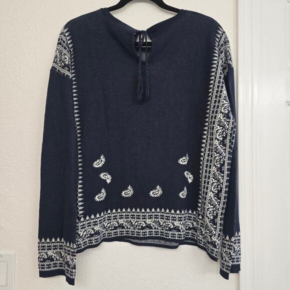 NWT Jacqueline B Cotton Sweater L Navy Blue Paisley Printed Tie Neck Long Sleeve - Picture 2 of 7